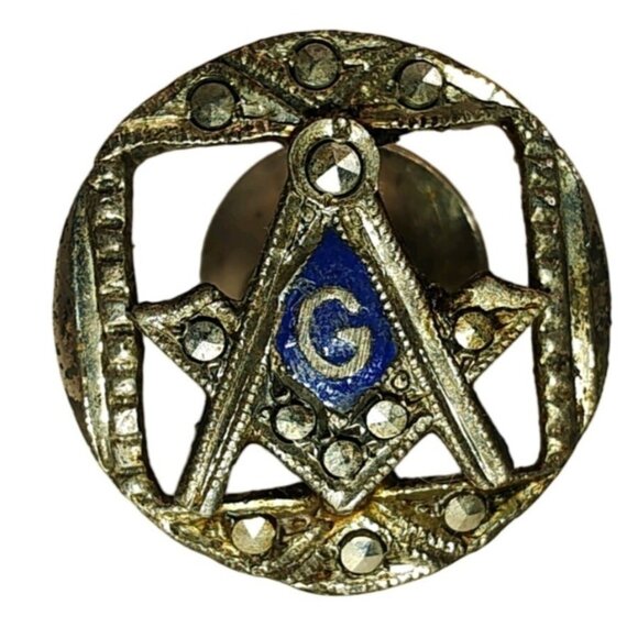 Vintage Masonic Lapel Pin With Blue Enamel Letter G & Rhinestones A329 - Picture 1 of 4